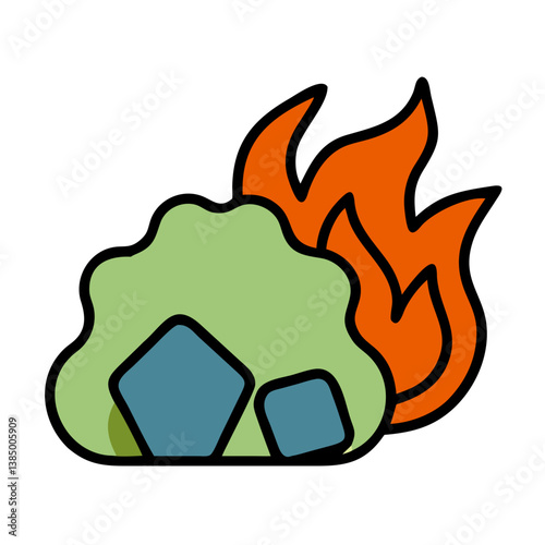 Wildfire Burning Green Bush, Rocks, Orange Flames, Nature Disaster