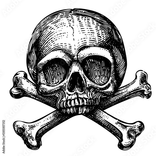 Skull and bones, crossbones toxic symbol, death or poison warning, black and white engraving vintage illustration