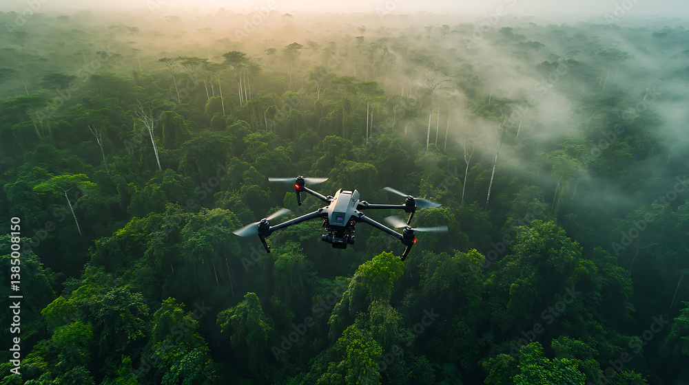 An AI powered drone surveying forest health and environmental data in a dense forest, vast wilderness with real-time ecological monitoring and AI-based analysis, Environmental technology style An AI powered drone surveying forest health and environmental data in a dense forest, vast wilderness with real-time ecological monitoring and AI-based analysis, Environmental technology style