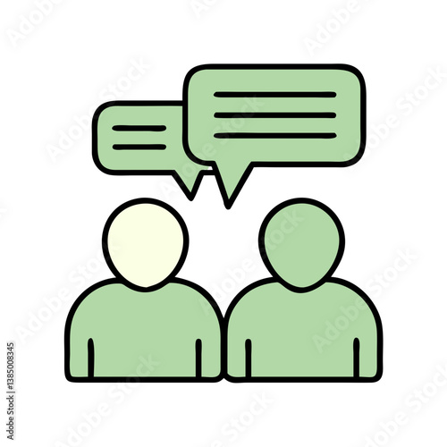 Simple illustration of two individuals engaged in a conversation, represented by speech bubbles above their heads, signifying communication and dialogue.