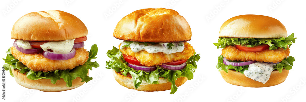 Three crispy fish sandwiches with various toppings. Three crispy fish sandwiches with various toppings.