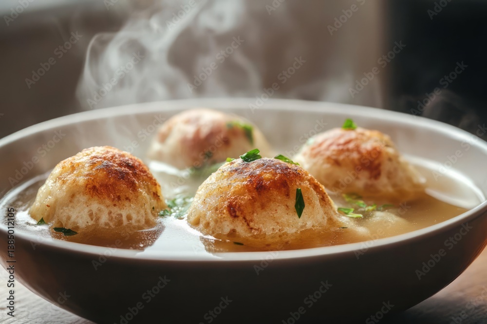 A bowl of steaming broth contains four browned dumplings, garnished with herbs. The light-colored broth is partially obscured by the dumplings. The scene is softly lit
