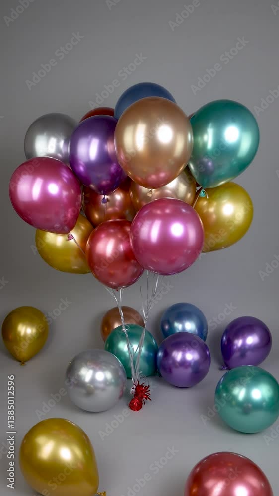 A fountain of metallic multi-colored latex balloons inflated with helium and balloons falling from above A fountain of metallic multi-colored latex balloons inflated with helium and balloons falling from above