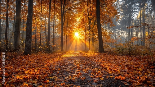 Fototapeta Naklejka Na Ścianę i Meble -  A peaceful forest pathway covered in golden autumn leaves, sunlight filtering through tall trees, a sense of renewal and tranquility filling the crisp morning air