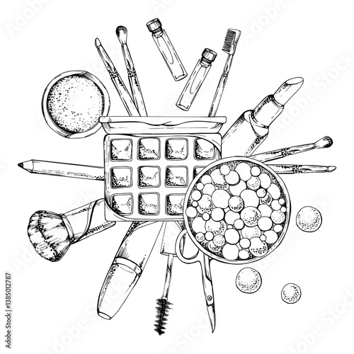 Make-up eye shadow powder lipstick palette box, crayon pencil mascara brushes set, perfume samplers. Isolated composition, ink hand drawn line vector sketch. Beauty parlor illustration, cosmetics shop