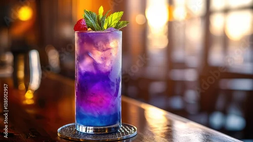 Fototapeta na wymiar Purple Cocktail with a Strawberry and Mint Garnish