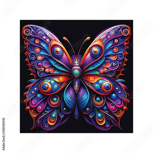 Graceful butterfly silhouette with intricate wing patterns, a beautiful insect art element against a black backdrop evokes summer nature