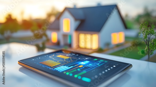 An AI powered energy management system optimizing energy consumption in smart homes and reducing costs, Smart home technology style, photo of