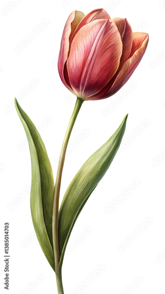 Obraz premium A Single Elegant ReddishOrange Tulip with Green Leaves on White Background Botanical Illustration