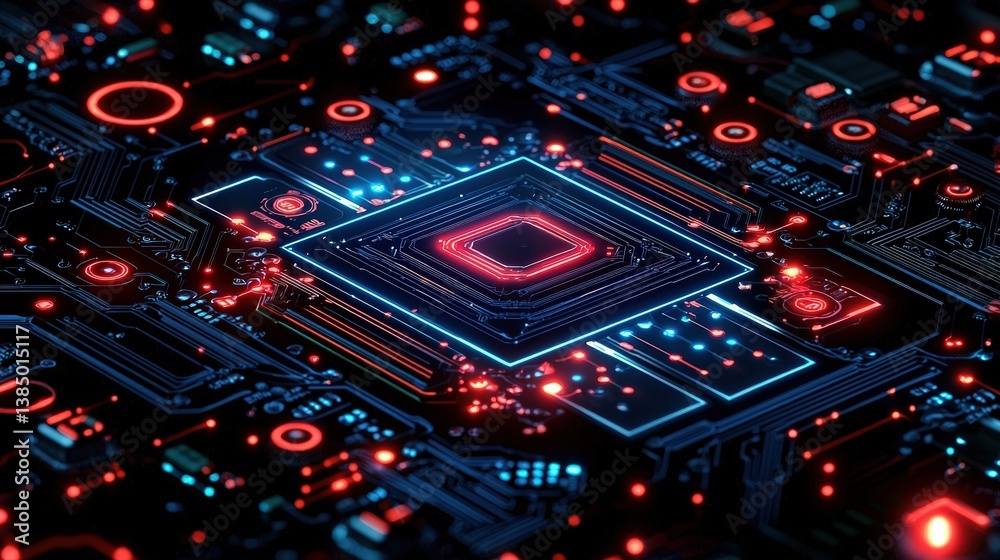 Obraz premium Futuristic Digital Circuit Board with Glowing Lights and Microchip Centerpiece