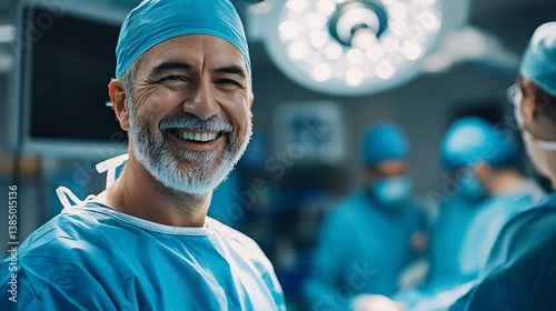 Smiling surgeon in operating room, colleagues blurred background, medical team at work