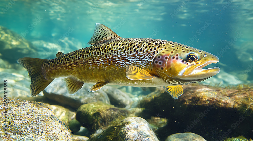 vibrant brown trout swimming gracefully in clear water, showcasing its distinctive spots and colors among rocks and aquatic plants. serene underwater environment enhances its beauty vibrant brown trout swimming gracefully in clear water, showcasing its distinctive spots and colors among rocks and aquatic plants. serene underwater environment enhances its beauty