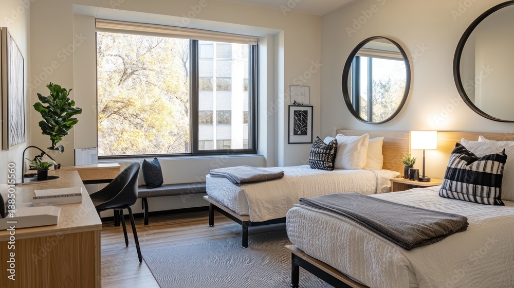 Fototapeta premium Modern Twin Beds in a Bright Room with City View