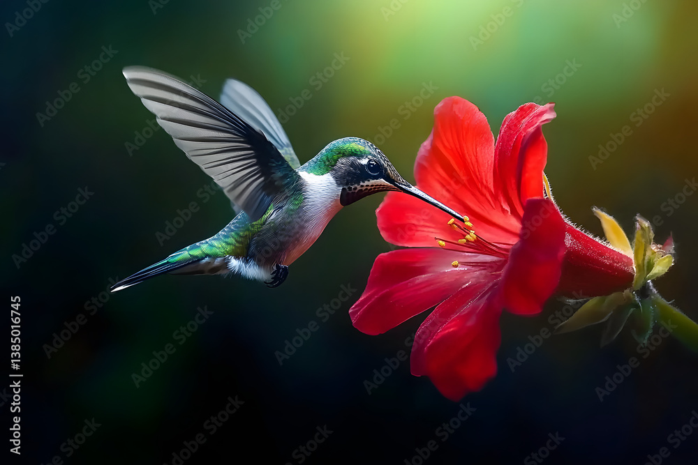 Naklejka premium Ruby throated hummingbird hovering and drinking nectar from red flower