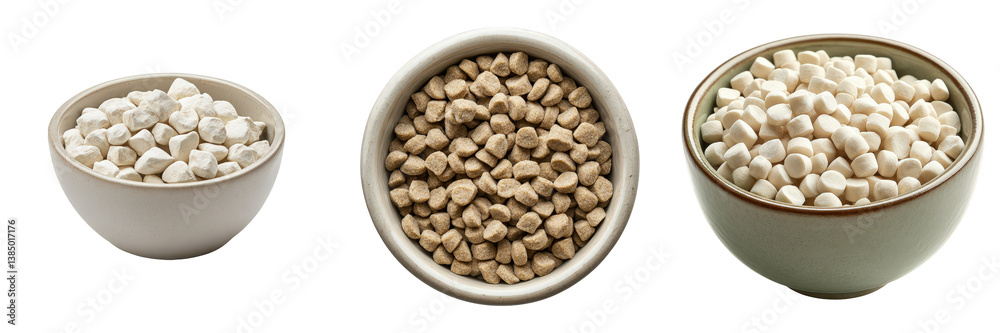 Bowls of dried food pasta, cereal, and dough pieces. Bowls of dried food pasta, cereal, and dough pieces.