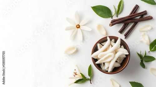 Wallpaper Mural Delicate vanilla pods and fragrant flowers surround bowl of creamy vanilla extract, evoking sense of natural sweetness and culinary delight Torontodigital.ca