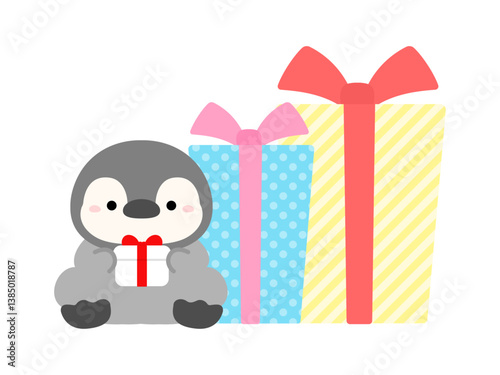 おしゃれなプレゼントとペンギン、クリスマスや誕生日のイラスト