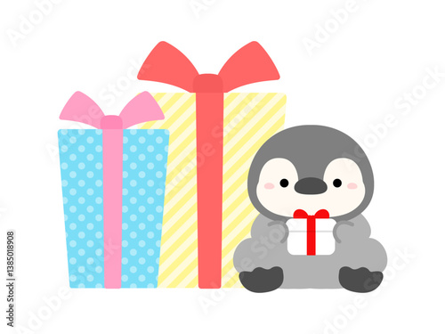 大きなプレゼント2個とペンギン、クリスマスや誕生日のイラスト