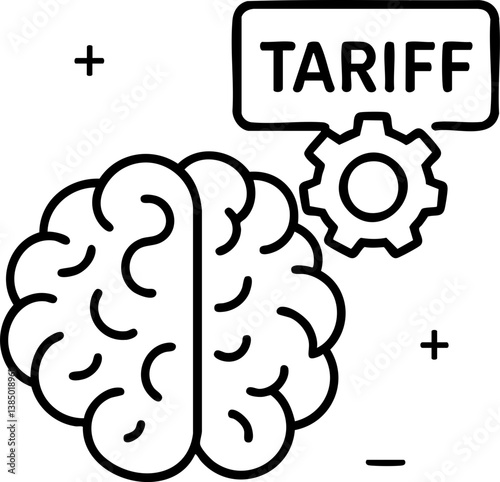 Import Tariffs trade impact concept. Conceptual illustration of a brain with tariff and gear symbols.