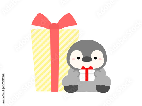 大きなプレゼントとペンギン、クリスマスや誕生日のイラスト