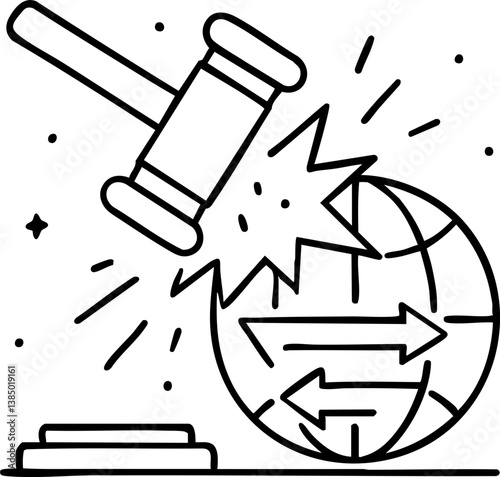 Import Tariffs trade impact concept. A gavel striking a globe, symbolizing law and global impact.