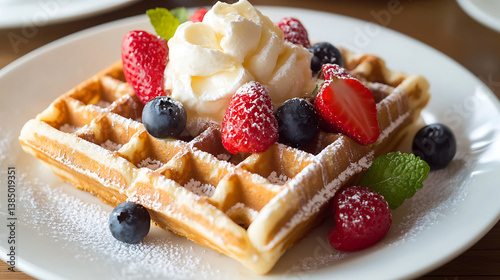 Delicious waffle topped with fresh strawberries, blueberries, and whipped cream, garnished with mint leaves, creating delightful dessert experience