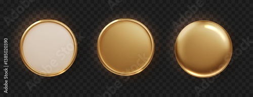 Golden plate button shape with frame. Realistic isolated design element, golden glossy label. Realistic 3D design.