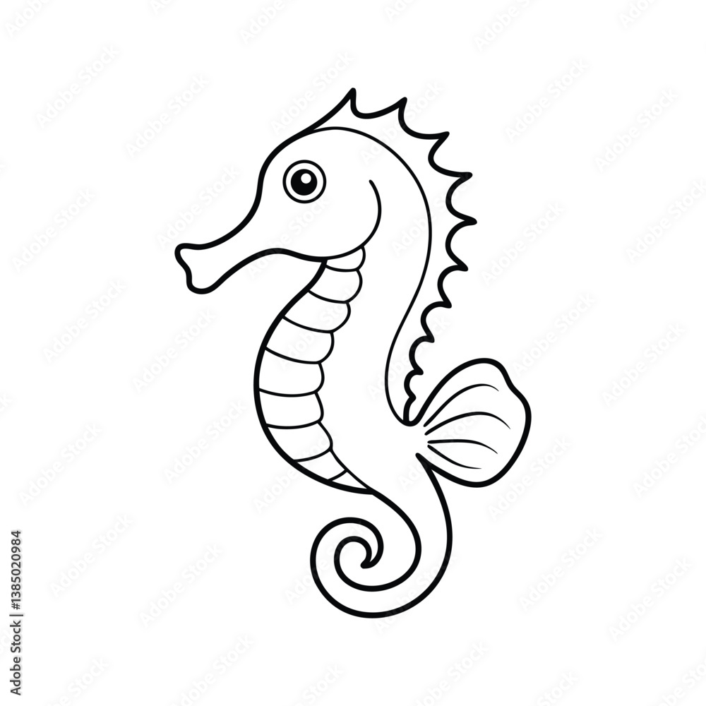 Obraz premium Sea horse on white, black and white outline Vector Illustration, children's coloring book style line art