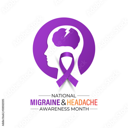 Vector illustration on the theme of National Migraine and headache awareness month in June. Symptoms can include severe throbbing pain, nausea, light sound sensitivity, and aura. Banner and background
