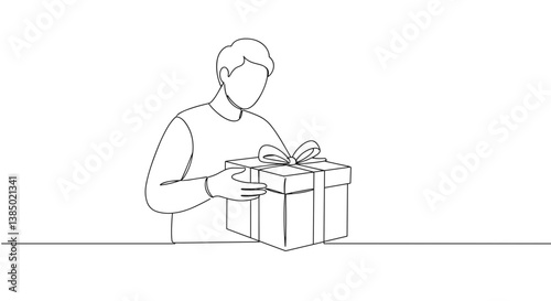 Man holding a gift box in a simple outline drawing