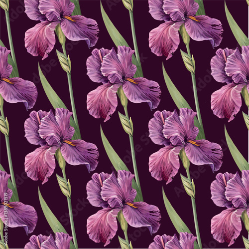 Pink burgundy watercolor iris vector botanical floral seamless pattern