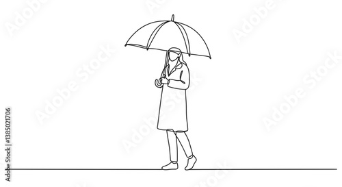 Woman walking with umbrella in line art style