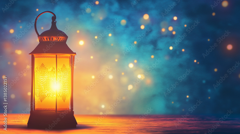 ramadan lantern glowing at sunset with festive bokeh. ideal for use in eid greetings, ramadan kareem cards, religious celebration banners, and seasonal marketing materials ramadan lantern glowing at sunset with festive bokeh. ideal for use in eid greetings, ramadan kareem cards, religious celebration banners, and seasonal marketing materials