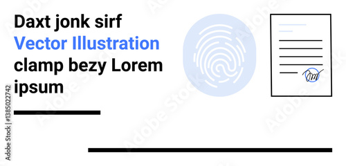 Digital fingerprint icon alongside signed document emphasizes identity security, verification, and authorization. Ideal for cybersecurity, technology, privacy, data protection, legal services