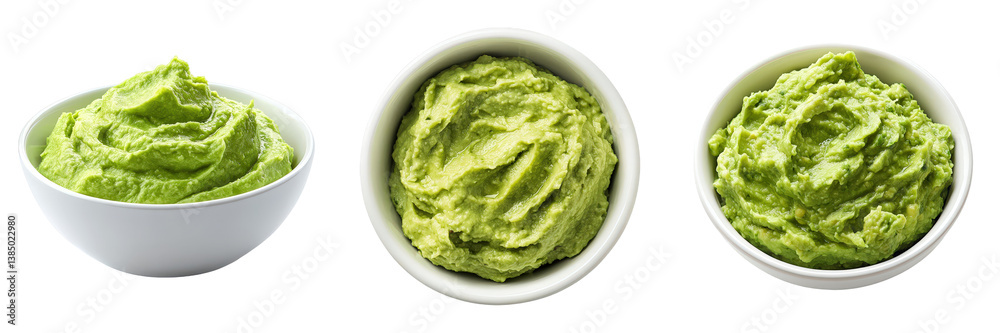 Three bowls of creamy avocado dip.