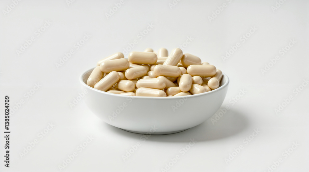 White Capsules in Ceramic Bowl on White Background – Clean Pharmaceutical Concept. White Capsules in Ceramic Bowl on White Background – Clean Pharmaceutical Concept.
