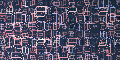 A vibrant abstract pattern of repeating 3D cubes in red, purple, brown and white on a dark blue background. The bold geometric design and contrasting colors create a striking modern visual.