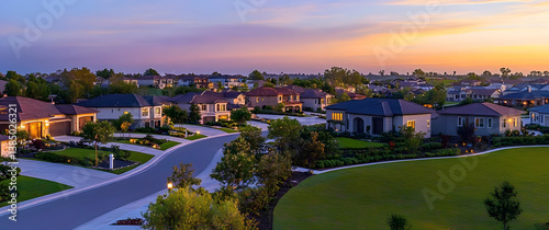 Low-density private residences at dusk. Rural cul-de-sac dead end in residential suburbs with upscale suburban homes outside of suburbs.