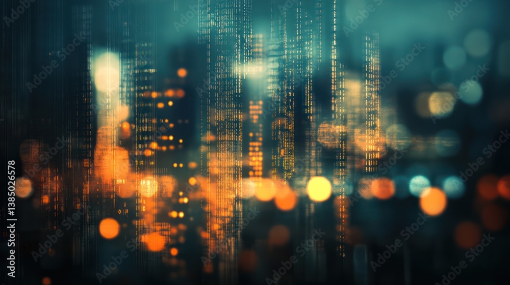 Fototapeta premium Night city lights blurred bokeh through window. Urban cityscape at night. Stock photo