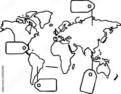 Import Tariffs policy impact concept. Outline of a world map with blank tags for labeling locations.