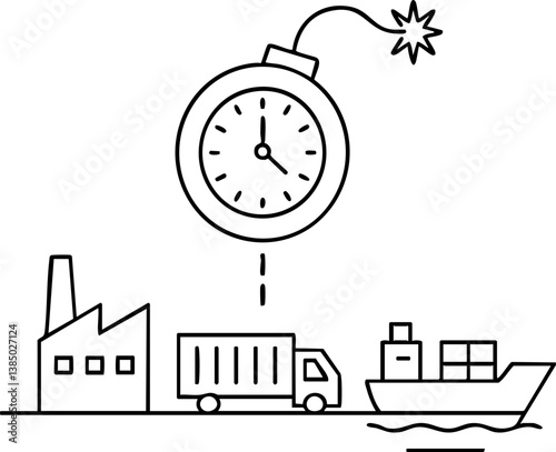 Import Tariffs policy impact concept. Factory, truck, and ship with a bomb timer illustration.