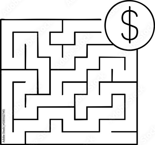 Import Tariffs policy impact concept. Maze illustration with a dollar sign symbol.