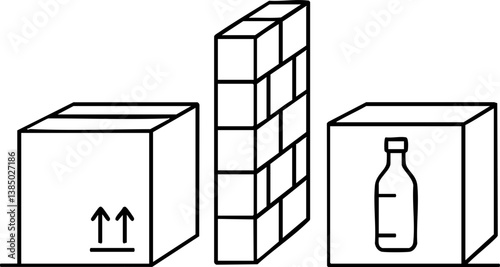 Import Tariffs policy impact concept. Three boxes with various designs and a bottle illustration.