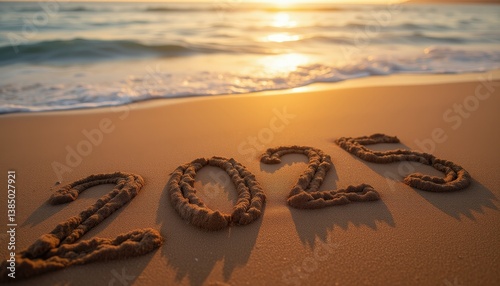Sand Writing of 2025 at Sunset on the Beach   photo