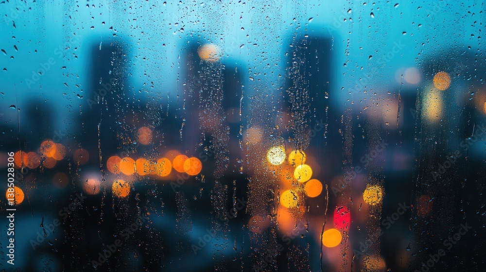 Fototapeta premium Cityscape viewed through a rainy window at night