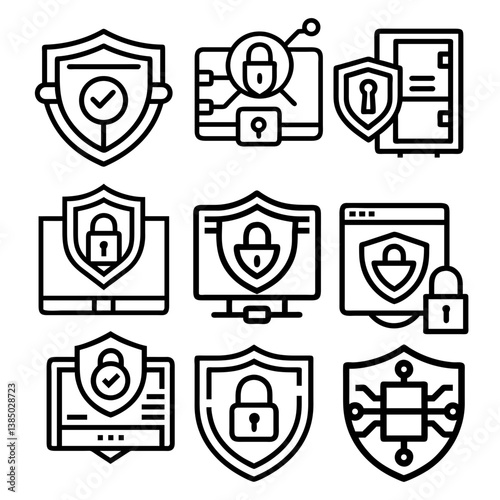 Shield icon set. Protect shield security line icons. Design elements for concept of safety and protection. Vector illustration.Cyber security glyph solid icons collection. 