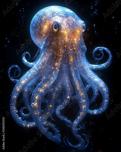 A rare bioluminescent deep-sea squid flashing hypnotic patterns, surreal glowing tendrils swirling in the darkness, ultra-detailed textures and intricate realism, mysterious abyssal depths