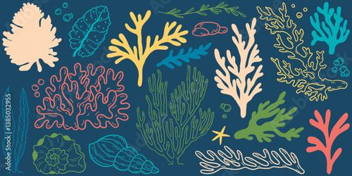 Flat outline seaweed and coral. Abstract organic shape, underwater plant, Matisse element, cute sea drawing. Cartoon sea floral set. Trendy minimal vector set.