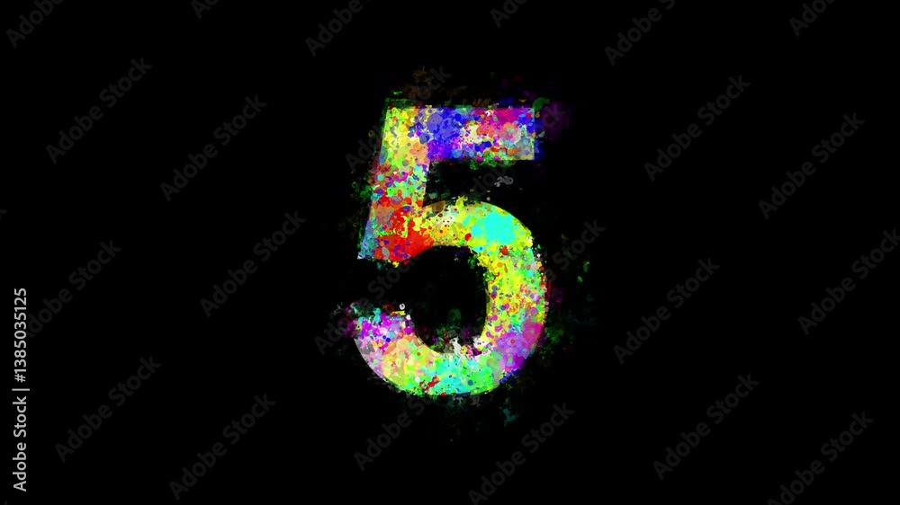 Number 5 with colorful paint splashes on plain black background