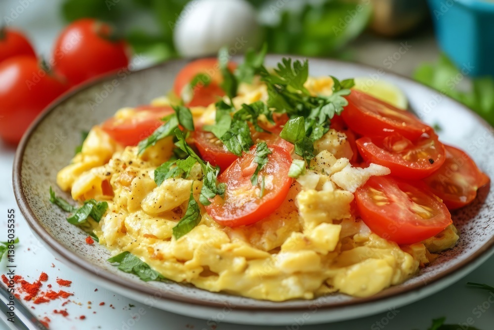 Scrambled eggs topped with sliced tomatoes and fresh parsley, served on a gray plate. Additional tomatoes are visible in the background Scrambled eggs topped with sliced tomatoes and fresh parsley, served on a gray plate. Additional tomatoes are visible in the background